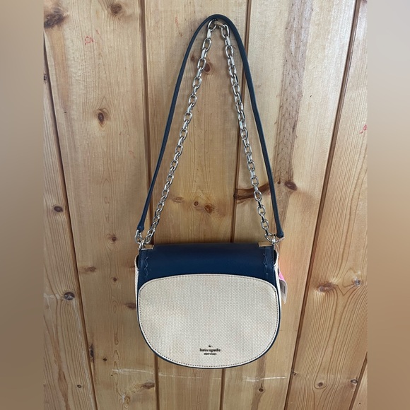 Kate Spade Robyn Straw & Leather Crossbody/Saddle Bag Navy NWT - Picture 5 of 11